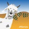 The goat is holding a branch of an argan tree with argan nuts in his teeth. The symbol of Morocco. illustration Text in