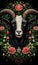 A goat with horns and flowers in a frame, AI