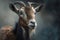 Goat with horns outdoors. Portrait of an animal farming cattle in nature. Generative ai