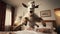 Goat Jumping On Bed Sheets - Photorealistic Rendering Movie Still