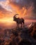 Goat standing on a cliff overlooking a vast world in bright colors. Goat in a fantasy world at sunset.