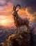 Goat standing on a cliff overlooking a vast world in bright colors. Goat in a fantasy world at sunset.