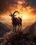 Goat standing on a cliff overlooking a vast world in bright colors. Goat in a fantasy world at sunset.
