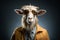 Goat with sunglasses wearing leather jacket and tie on solid background. Generative AI