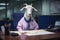 A goat wearing a shirt and tie sitting at a desk.
