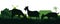 Goats grazing on pasture. Picture silhouette. Farm pets. Rural landscape with farmer house. Animals for milk and dairy