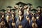 Goats standing in a line, wearing graduation caps and gowns, with a proud look on their faces illustration generative ai