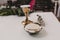 Goblet of wine on table during a wedding ceremony nuptial mass. Religion concept. Catholic eucharist ornaments for the celebration