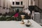 Goblet of wine on table during a wedding ceremony nuptial mass. Religion concept. Catholic eucharist ornaments for the celebration