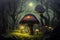 goblin living in a giant illuminated mushroom house in a mystical dark foggy forest night moonshine oil painting very detailed