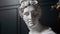 God Apollo bust sculpture. Ancient Greek god of Sun and Poetry Plaster copy of a marble statue  on black.