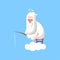 God character in action. Lord sitting on cloud with halo over his head and fishing. Christian theme cartoon style