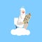 God on white cloud with halo over his head sitting on the toilet and reading newspaper. Christian religious theme. Flat