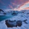 Godafoss waterfall at sunset  Views around Iceland, Northern Europe in winter with snow and ice One of the most powerful waterfall