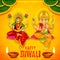 Goddess Lakshmi and Lord Ganesha on happy Diwali Holiday doodle background for light festival of India