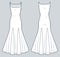 Godet Maxi Dress technical fashion illustration. Square neck Dress fashion flat technical drawing template, slim fit, side zipper