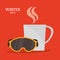 Goggles and cup coffee hot winter sport label