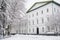 Gogol State University campus - Nizhyn, Ukraine in beautiful frosty winter and covered snow.