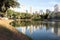 Goiania, Goias, Brazil -24 july 2019: urban public park with grass lake and forest