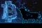 Going high bitcoin market and bullish trend concept with digital bull silhouette on dark blue background, graphs and indicators.