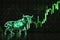 Going high stock market and bullish trend concept with digital bull silhouette on dark background, graphs and indicators. 3D