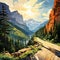 Going-to-the-sun Road: A Detailed Watercolor Design Of A Majestic Mountain Road