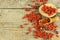 Goji berries on the wooden table. Traditional Chinese superfood. Healthy diet rich in minerals and vitamins. wolfberry. Lycium chi