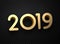 Gold 2019 New Year 3d sign on black transparent background.