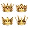 Gold 3d crown vector set. Royal monarchy and kings attributes