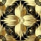 Gold 3d flowers seamless pattern. Vector abstract floral background. Greek key meanders ornament. Golden decorative design with g