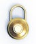 Gold 3D locked combination pad lock on a white background