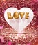 Gold 3d love and white paper heart shape floating around confett
