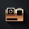 Gold Action extreme camera icon isolated on black background. Video camera equipment for filming extreme sports. Long