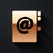 Gold Address book icon isolated on black background. Notebook, address, contact, directory, phone, telephone book icon
