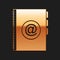 Gold Address book icon isolated on black background. Notebook, address, contact, directory, phone, telephone book icon