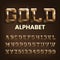 Gold alphabet font. Beveled golden letters and numbers with shadow.