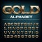 Gold alphabet font. Golden metal letters with shadow.