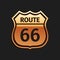 Gold American road icon isolated on black background. Route sixty six road sign. Long shadow style. Vector