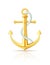 Gold anchor with rope on white background.