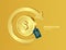 Gold arrow revolves around gold coin or dollar coin floating in midair and there is promotion tag hanging next to it