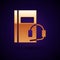 Gold Audio book icon isolated on black background. Book with headphones. Audio guide sign. Online learning concept