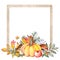 Gold autumn frame with pumpkin, colorful leaves and mushrooms.