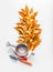 Gold autumn leaves bunch with watering can and gardening tools on white background, top view