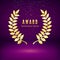 Gold award emblem with falling confetti. Laurel wreath on purple background. Icon of golden laurel branch.  Rewarding the best.