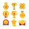 Gold awards set, various trophy and prize emblems, golden shield, medal, cup and star vector Illustrations on a white