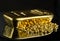 Gold bar and a pile of pure gold granules on a mirror dark background