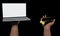 Gold bar on the right hand. Computer or Laptop white screen blank on left hand. Black background with light shining from behind.