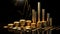 Gold bars and coins on a candlestick generated by AI tool.
