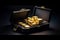gold bars ingots reserve in suitcase with performance price chart, concept for trading precious metals and inflation hedge assets,