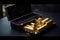 gold bars ingots reserve in suitcase with performance price chart, concept for trading precious metals and inflation hedge assets,